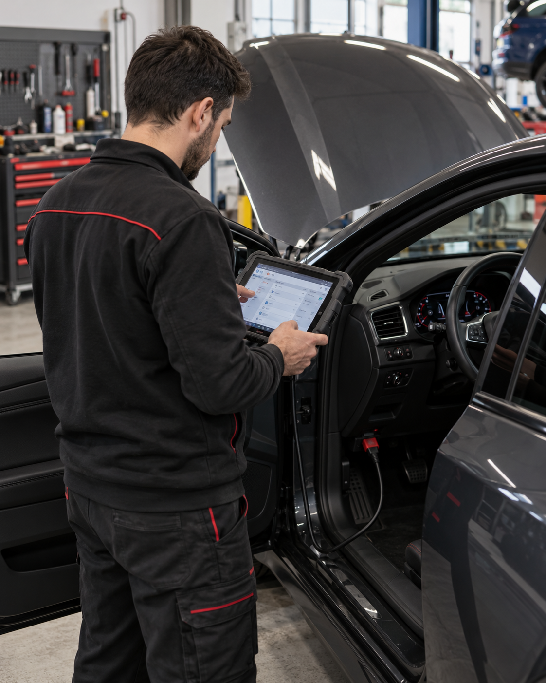 Immagine illustrativa di un meccatronico che esegue la diagnosi elettronica di un’auto con un tablet collegato alla presa OBD